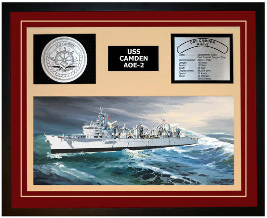 USS CAMDEN AOE-2 Framed Navy Ship Display Burgundy