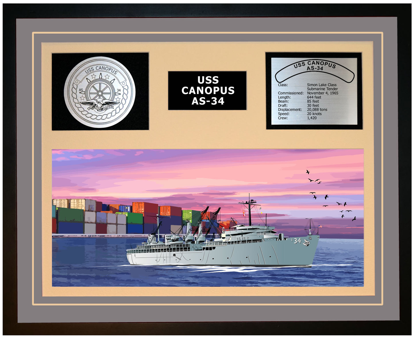 USS CANOPUS AS-34 Framed Navy Ship Display Grey