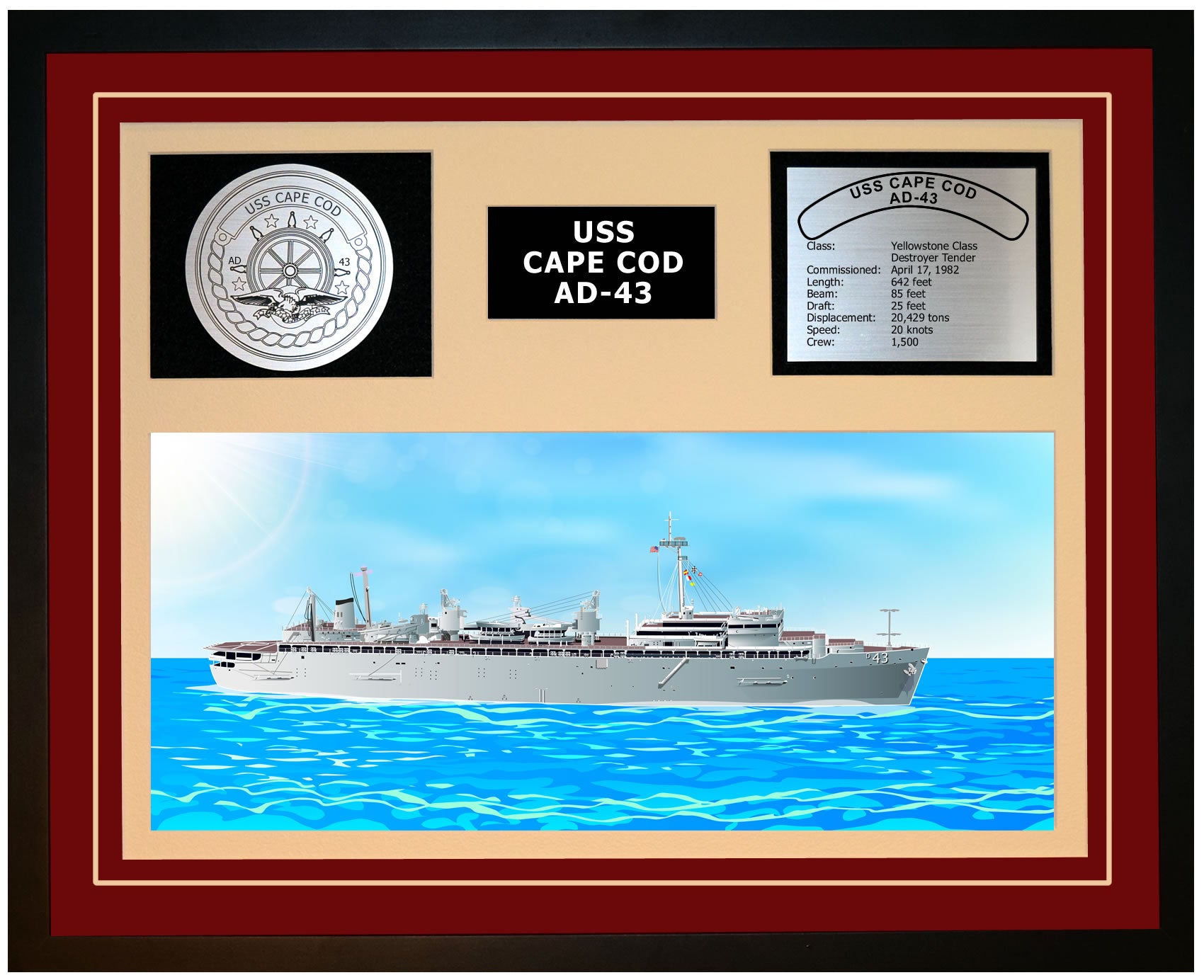 USS CAPE COD AD-43 Framed Navy Ship Display Burgundy