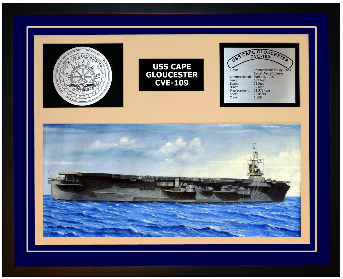 USS CAPE GLOUCESTER CVE-109 Framed Navy Ship Display Blue