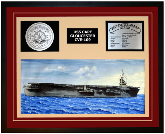 USS CAPE GLOUCESTER CVE-109 Framed Navy Ship Display Burgundy