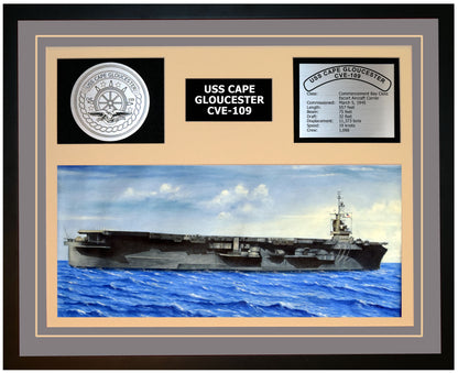 USS CAPE GLOUCESTER CVE-109 Framed Navy Ship Display Grey