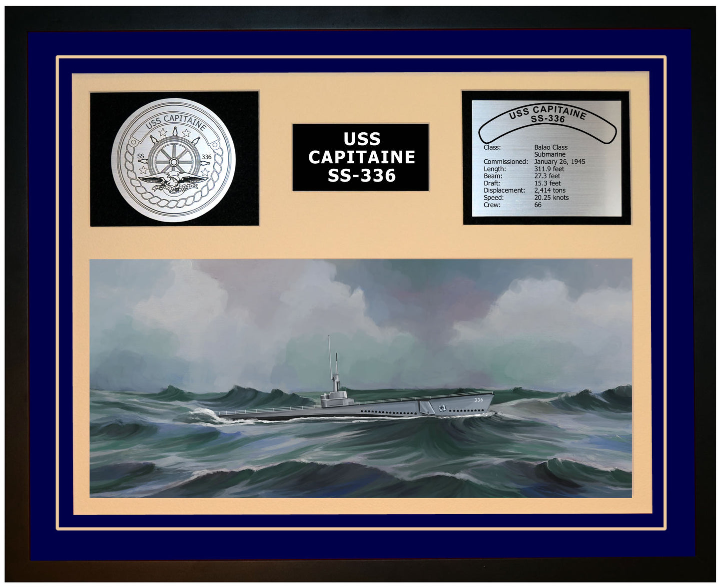 USS CAPITAINE SS-336 Framed Navy Ship Display Blue