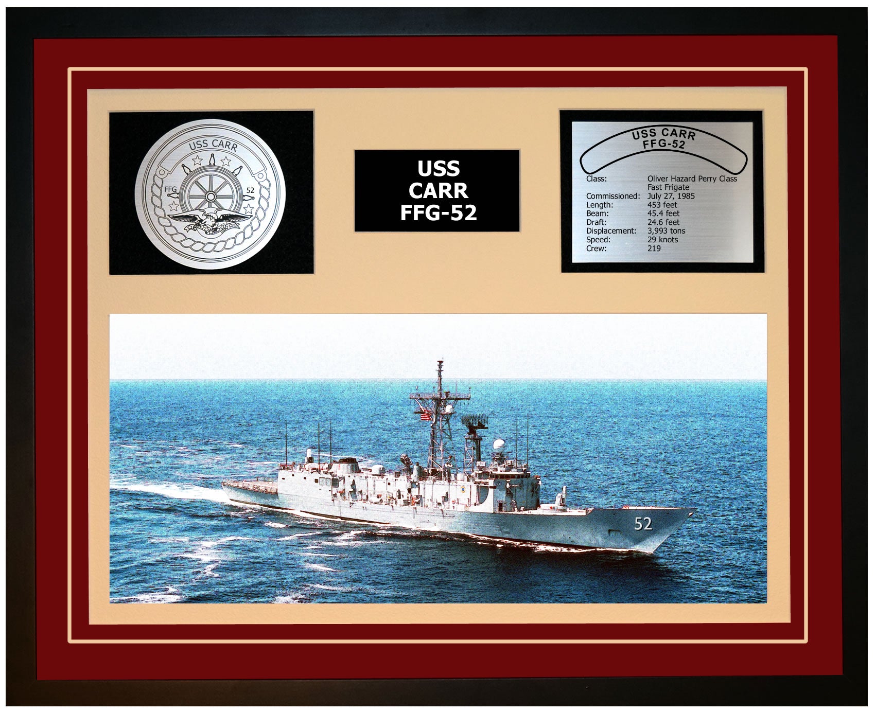 USS CARR FFG-52 Framed Navy Ship Display Burgundy