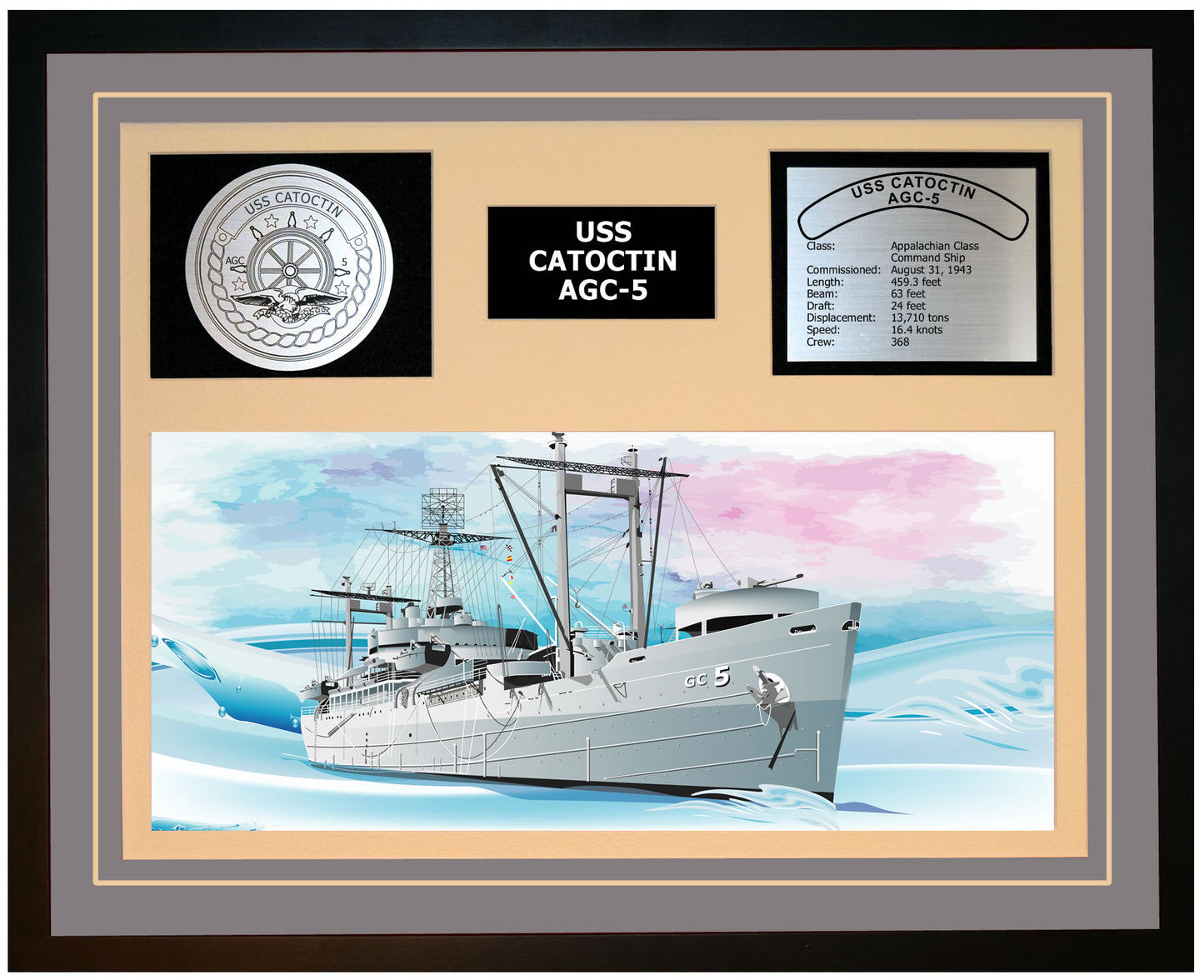 USS CATOCTIN AGC-5 Framed Navy Ship Display Grey