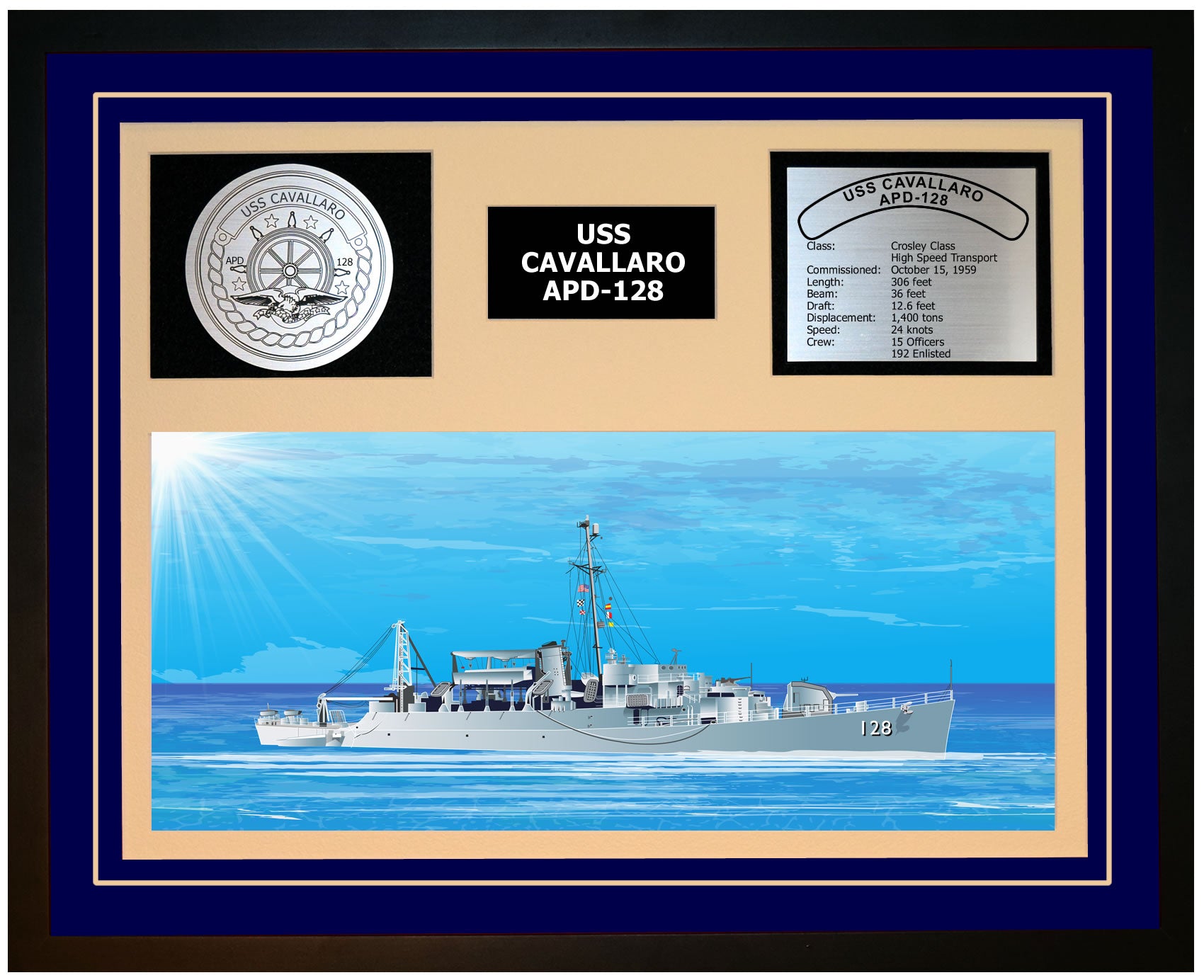 USS CAVALLARO APD-128 Framed Navy Ship Display Blue