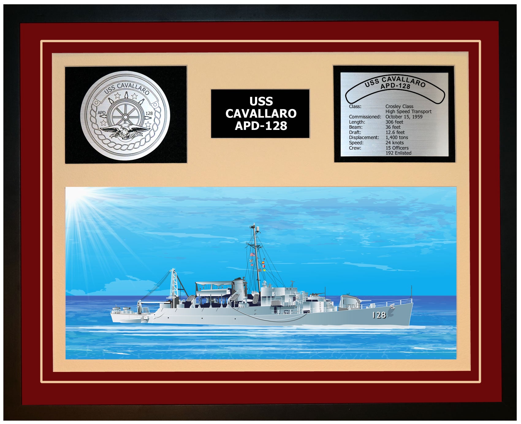 USS CAVALLARO APD-128 Framed Navy Ship Display Burgundy