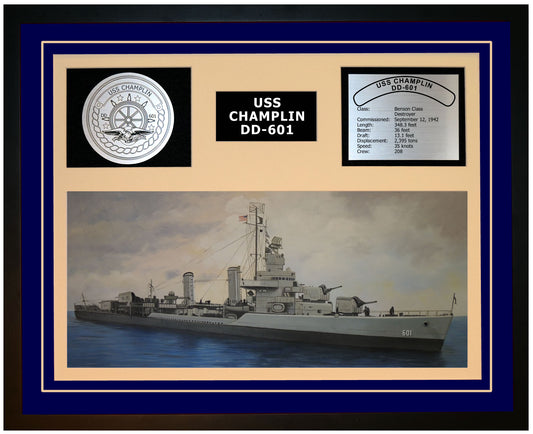 USS CHAMPLIN DD-601 Framed Navy Ship Display Blue