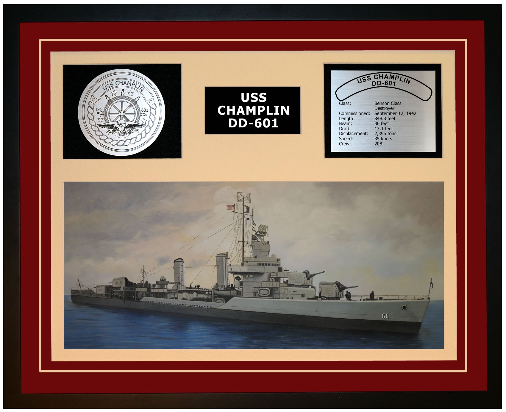 USS CHAMPLIN DD-601 Framed Navy Ship Display Burgundy