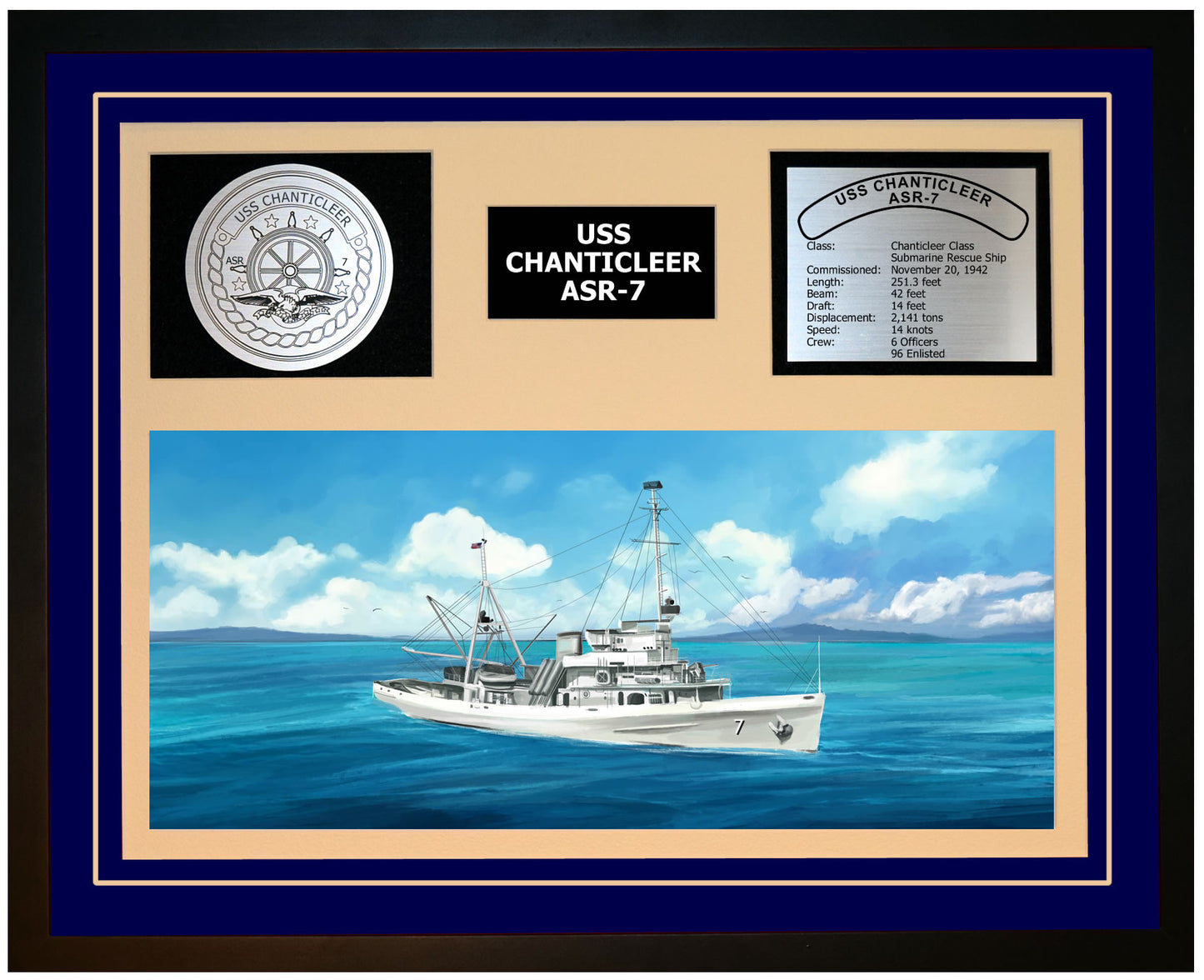 USS CHANTICLEER ASR-7 Framed Navy Ship Display Blue
