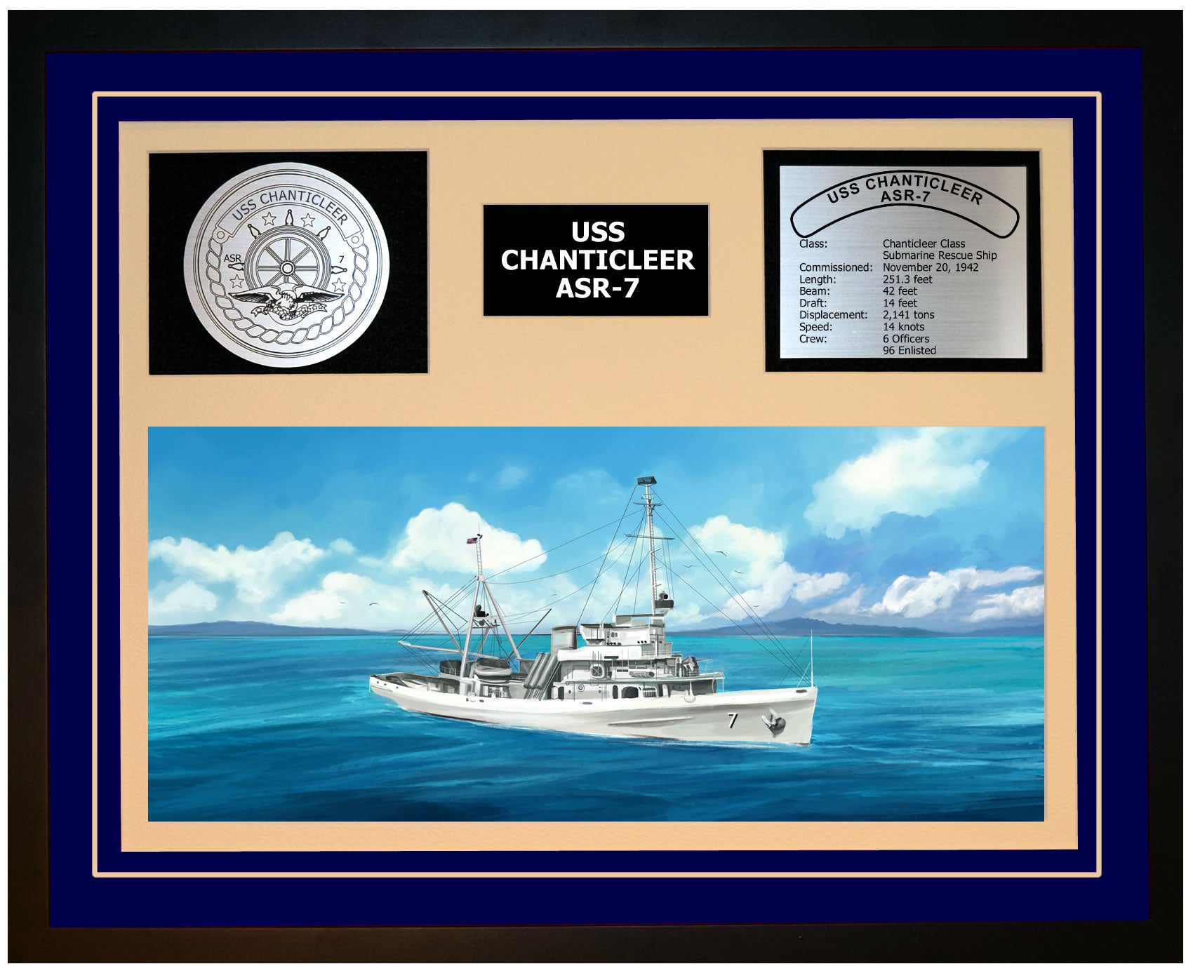 USS CHANTICLEER ASR-7 Framed Navy Ship Display Blue