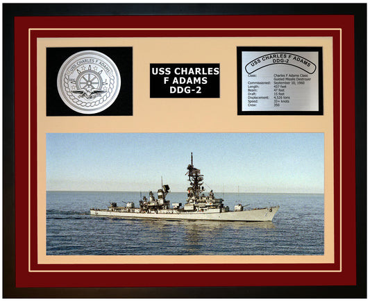 USS CHARLES F ADAMS DDG-2 Framed Navy Ship Display Burgundy