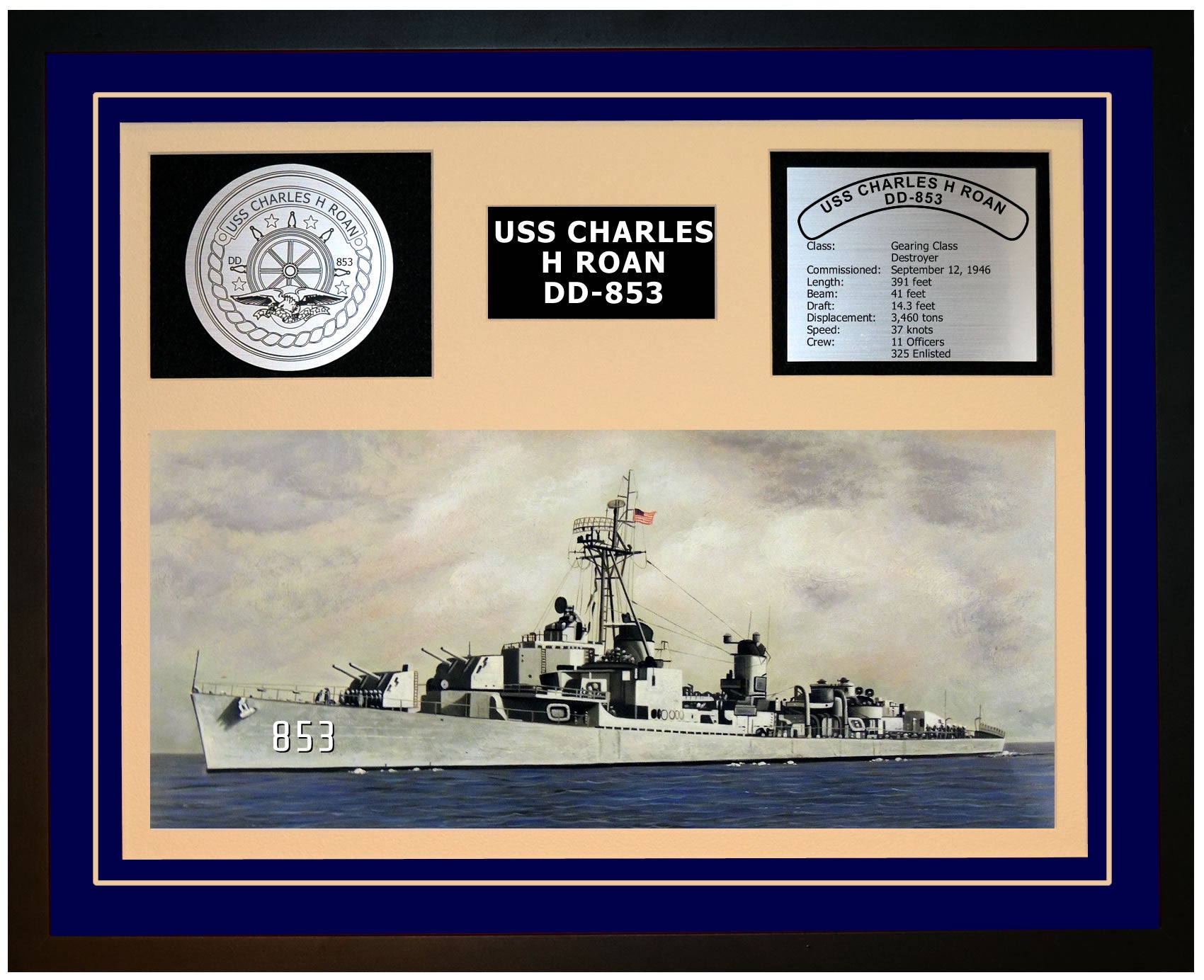 USS CHARLES H ROAN DD-853 Framed Navy Ship Display Blue