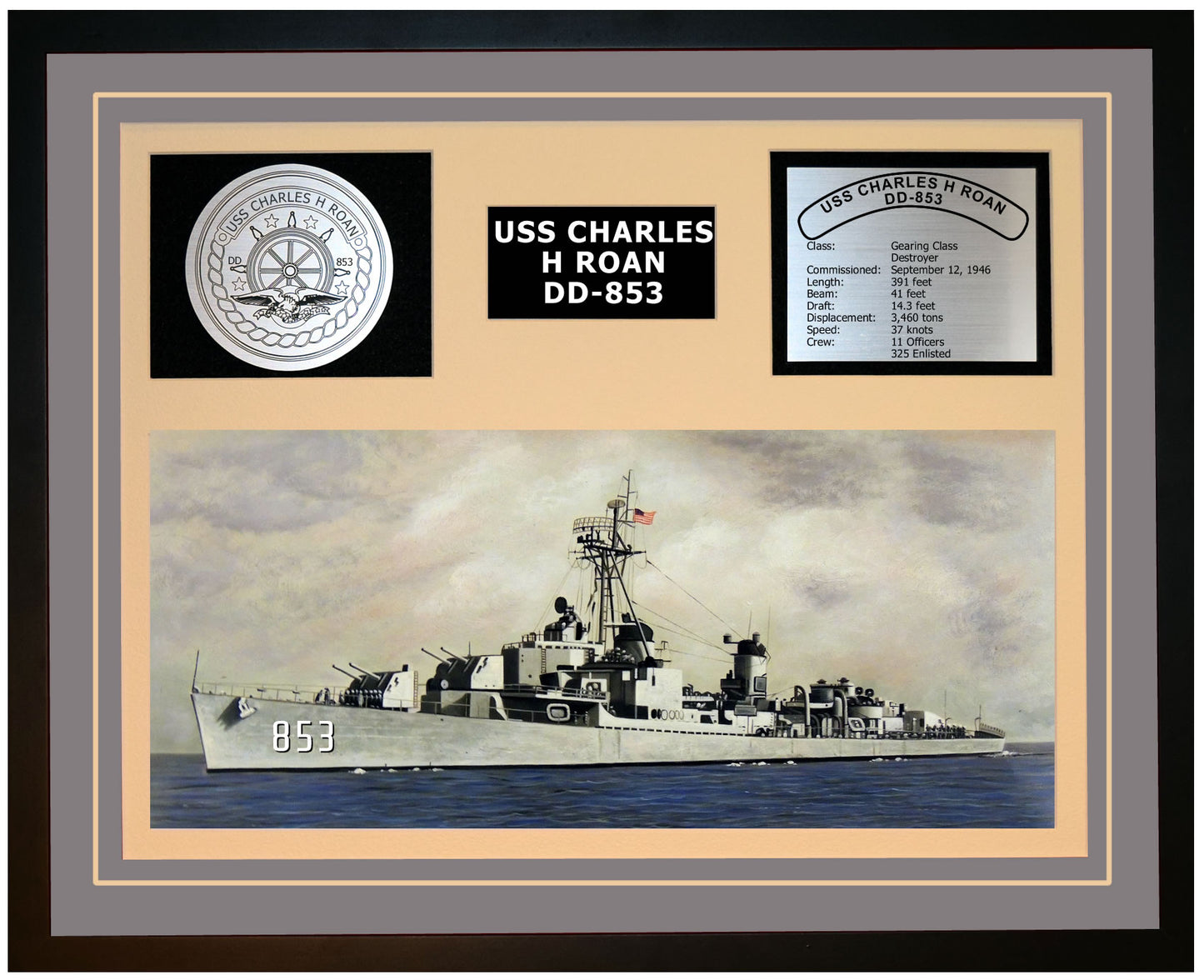 USS CHARLES H ROAN DD-853 Framed Navy Ship Display Grey