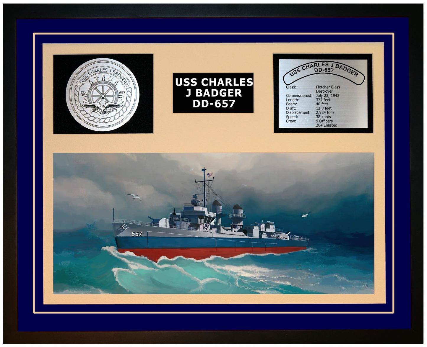 USS CHARLES J BADGER DD-657 Framed Navy Ship Display Blue