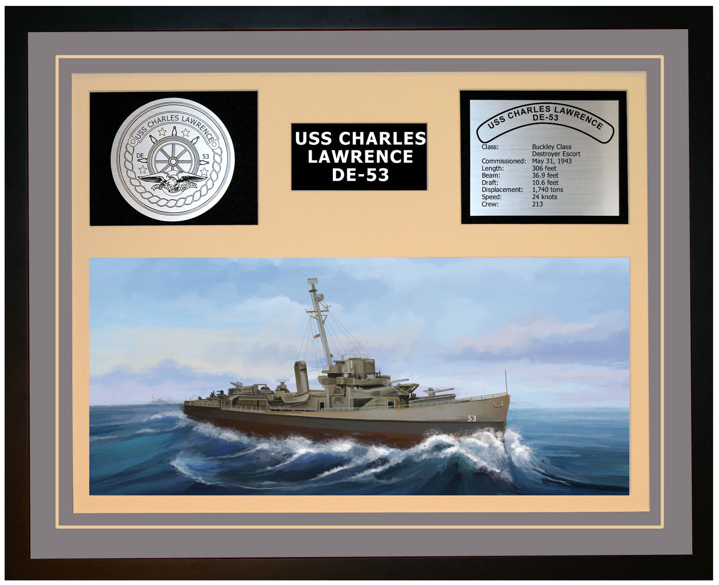 USS CHARLES LAWRENCE DE-53 Framed Navy Ship Display Grey
