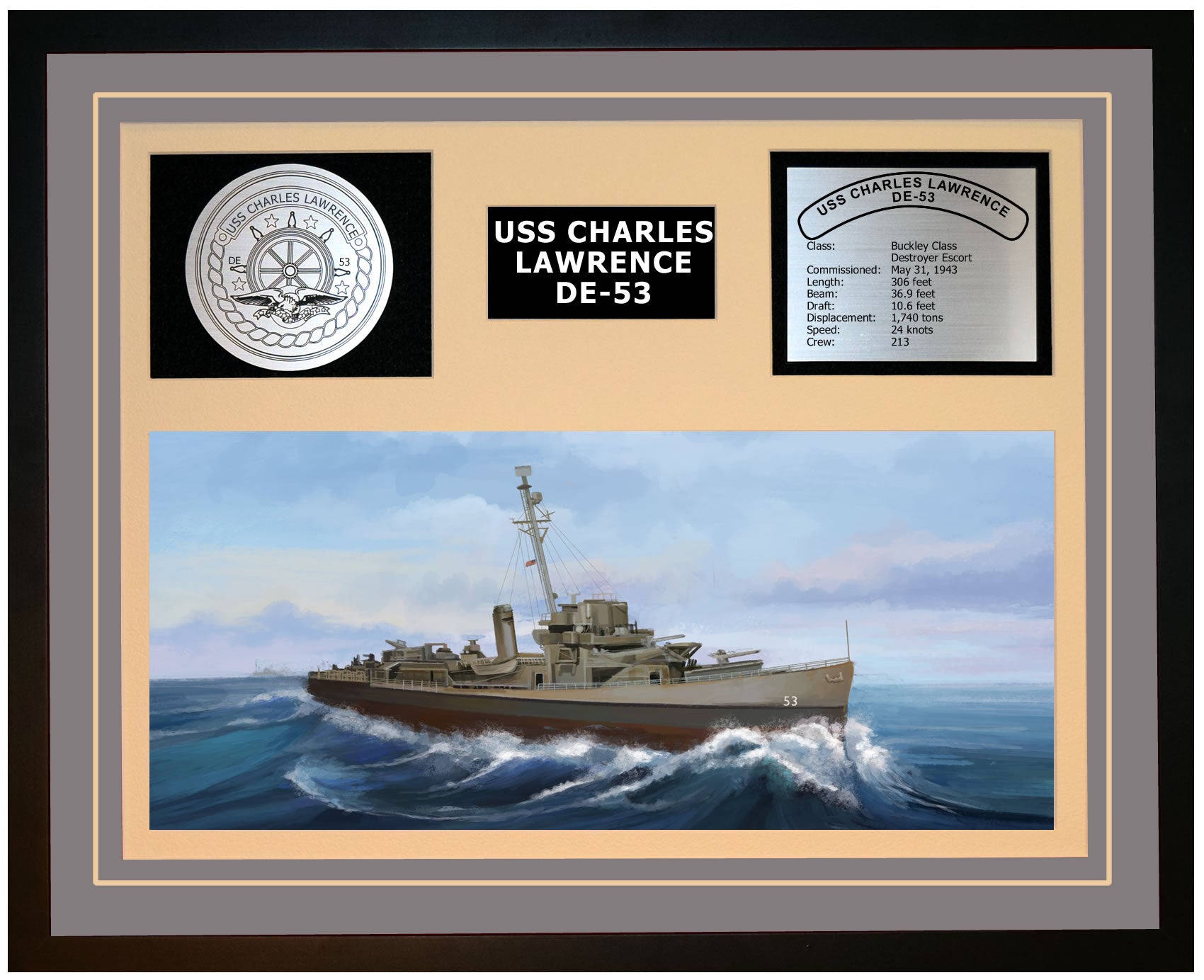 USS CHARLES LAWRENCE DE-53 Framed Navy Ship Display Grey