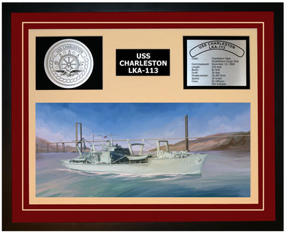 USS CHARLESTON LKA-113 Framed Navy Ship Display Burgundy