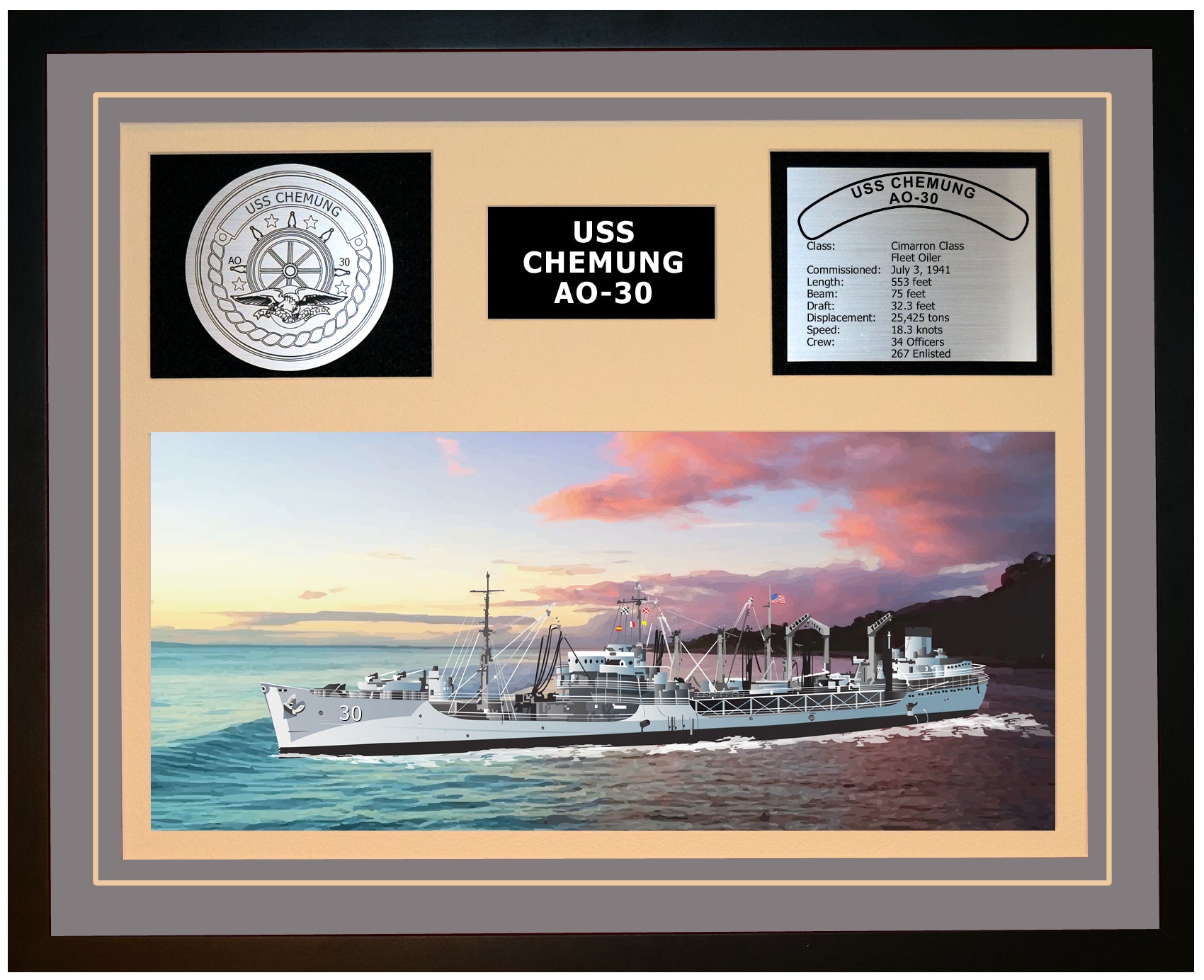 USS CHEMUNG AO-30 Framed Navy Ship Display Grey