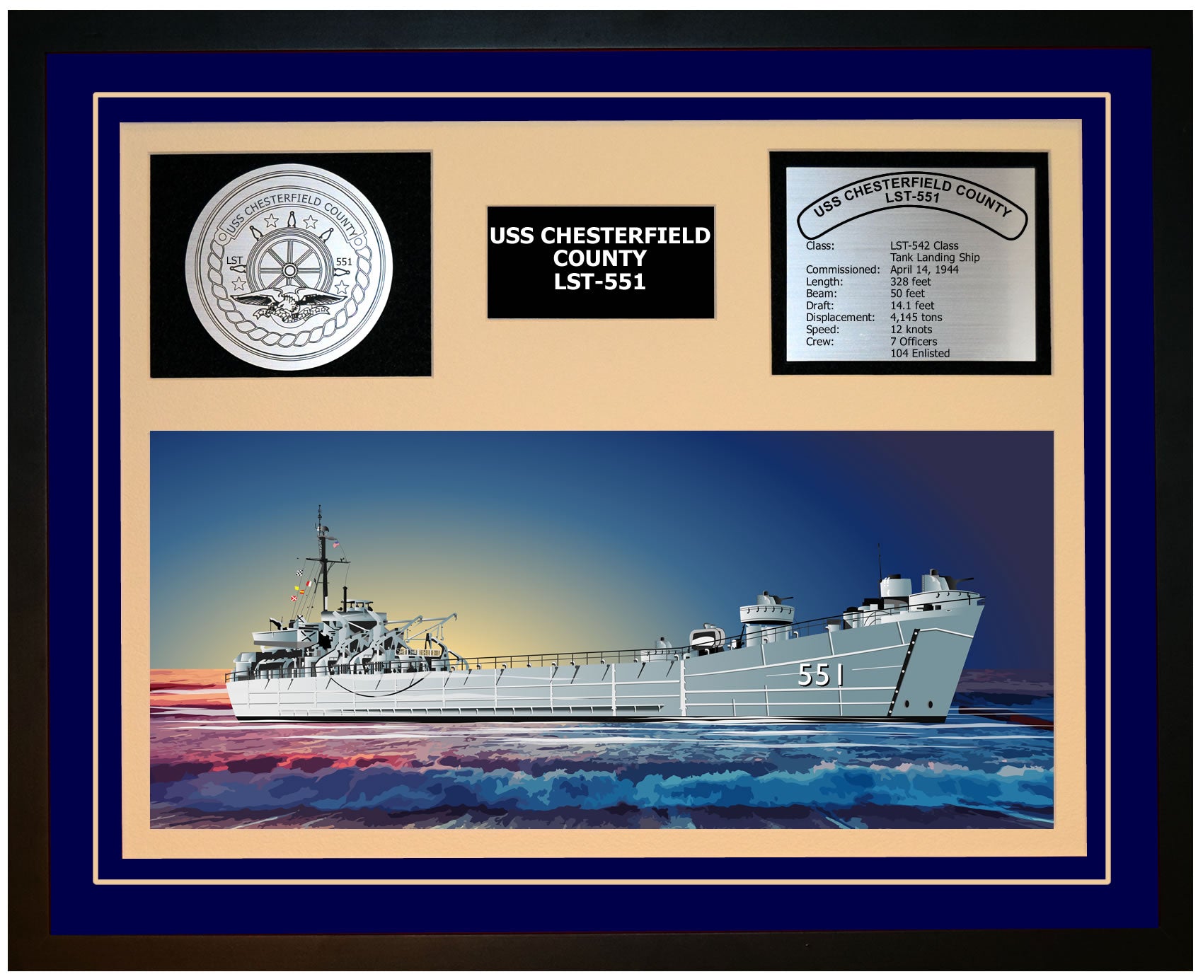 USS CHESTERFIELD COUNTY LST-551 Framed Navy Ship Display Blue