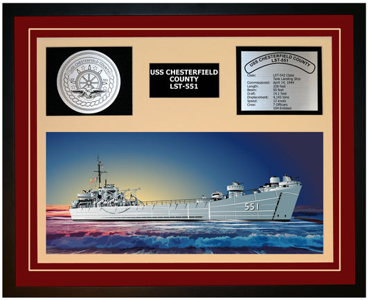 USS CHESTERFIELD COUNTY LST-551 Framed Navy Ship Display Burgundy