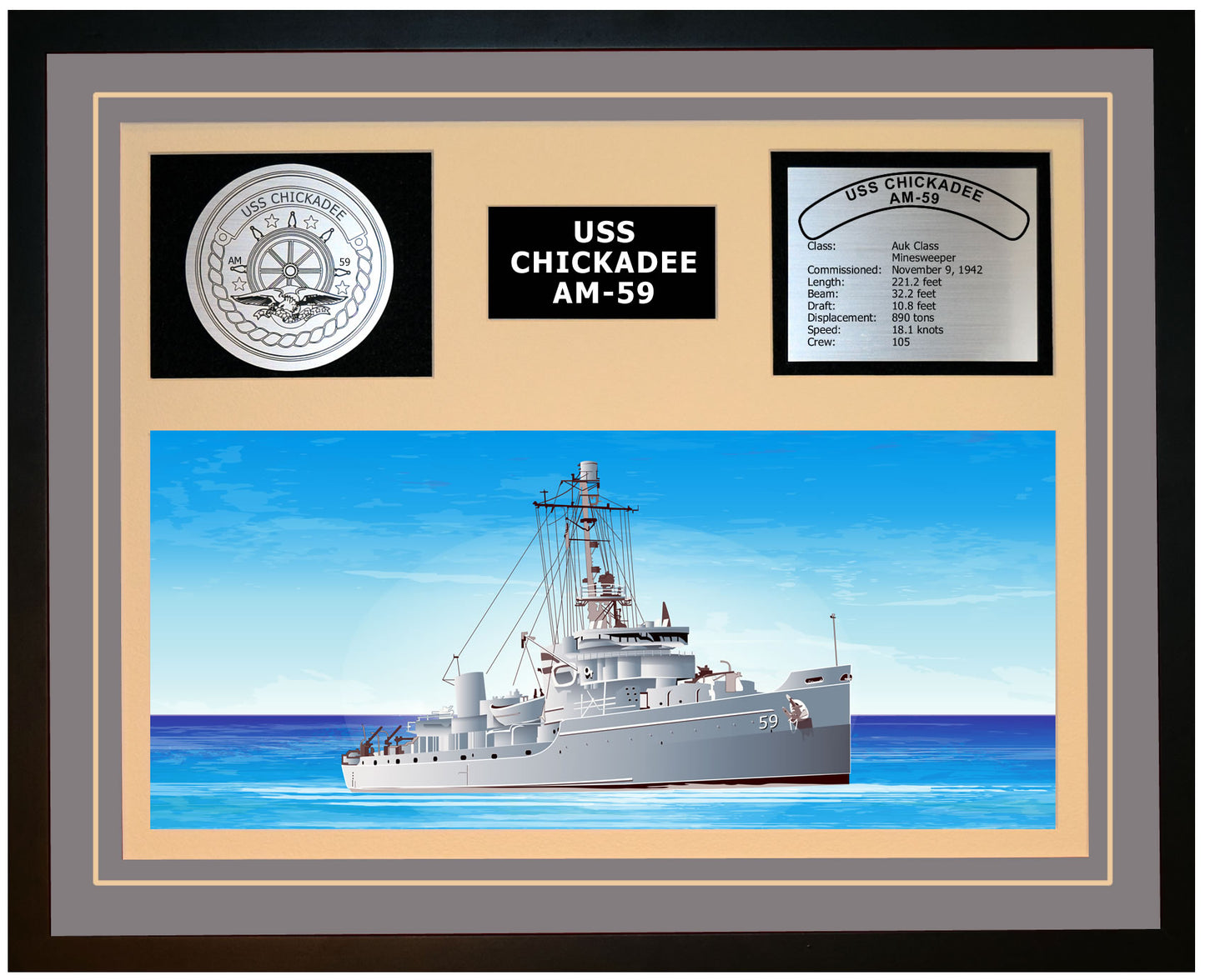 USS CHICKADEE AM-59 Framed Navy Ship Display Grey