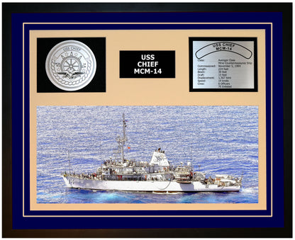 USS CHIEF MCM-14 Framed Navy Ship Display Blue