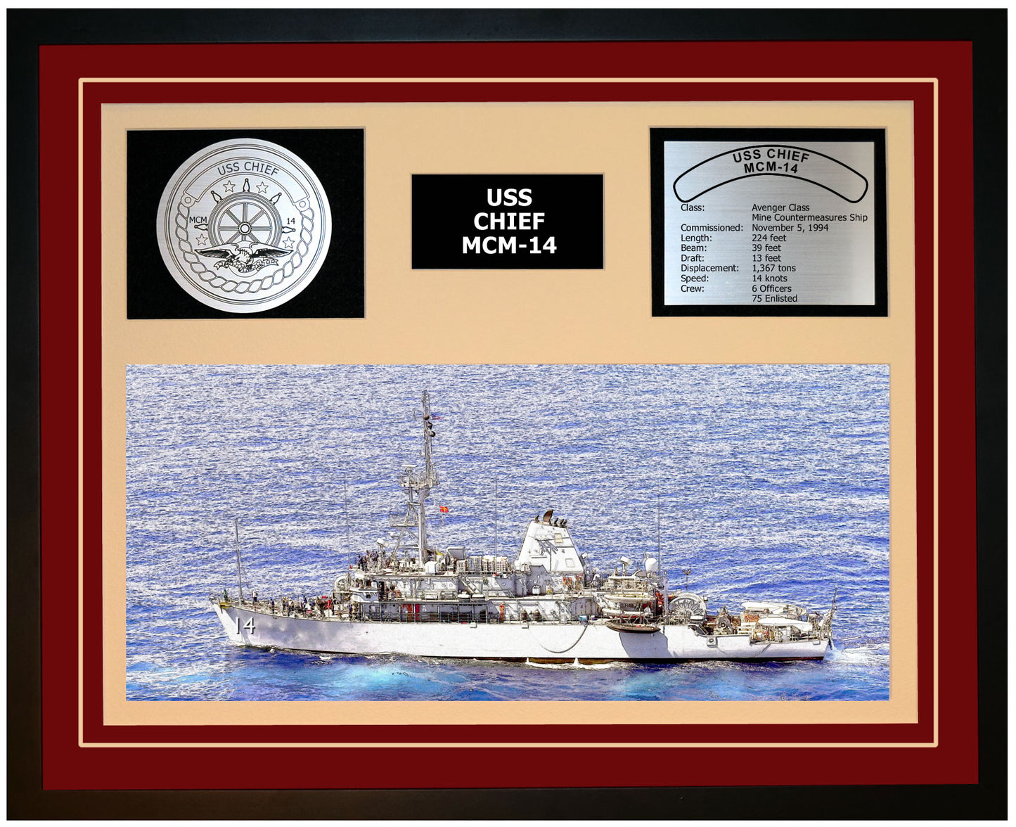 USS CHIEF MCM-14 Framed Navy Ship Display Burgundy