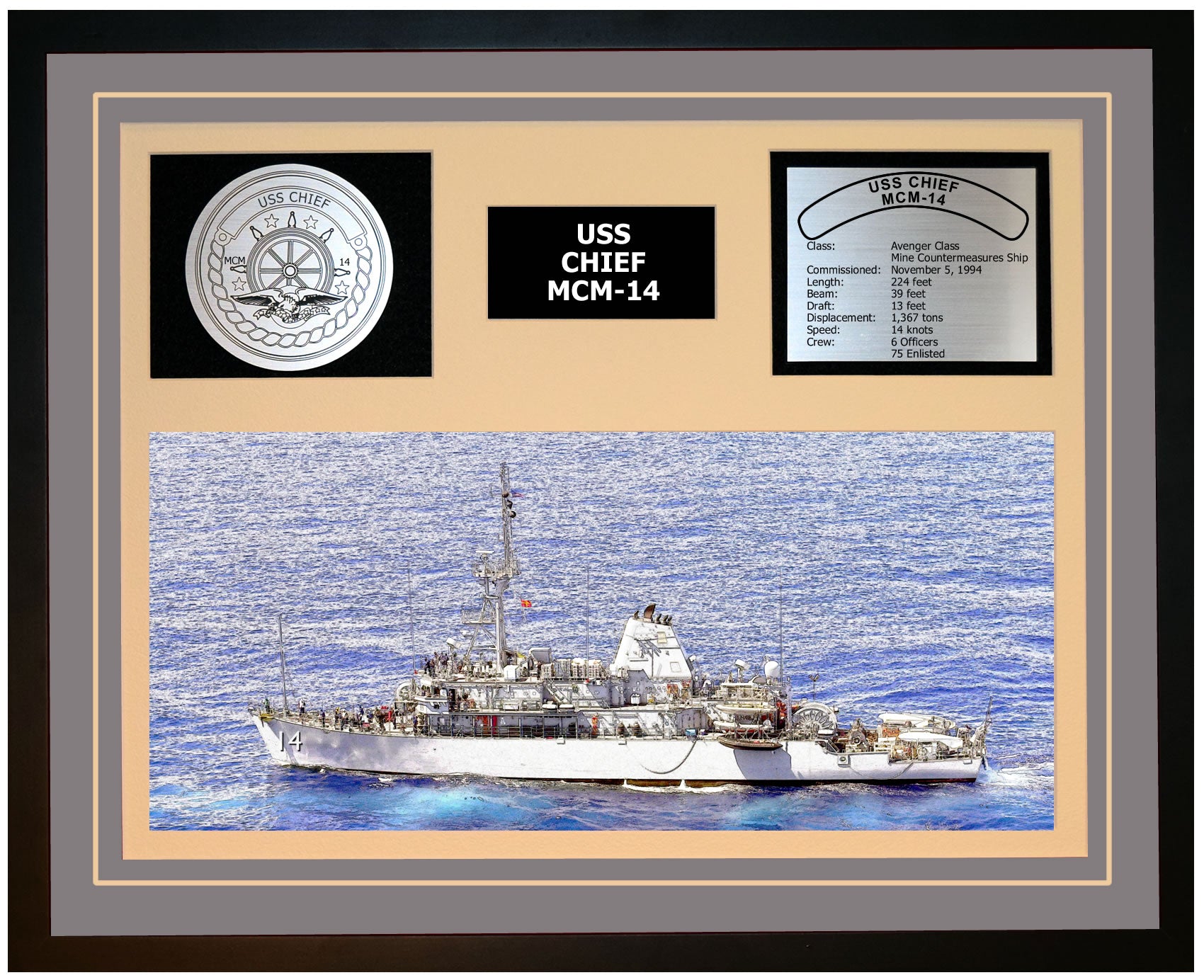 USS CHIEF MCM-14 Framed Navy Ship Display Grey