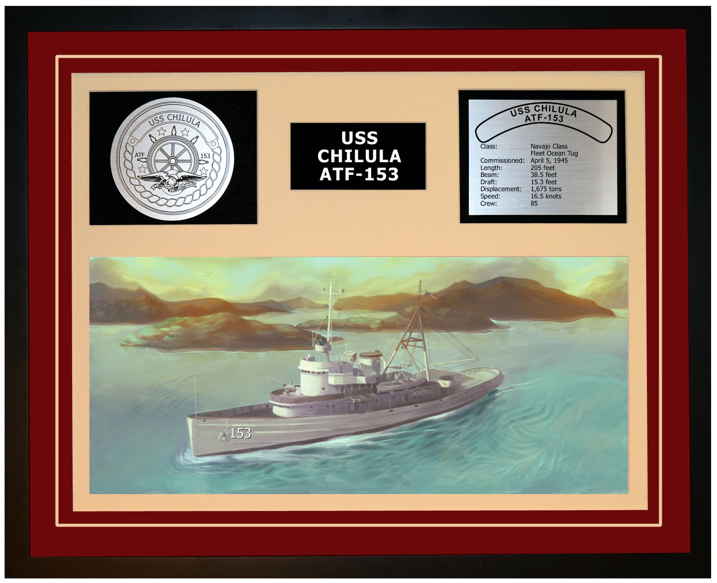 USS CHILULA ATF-153 Framed Navy Ship Display Burgundy