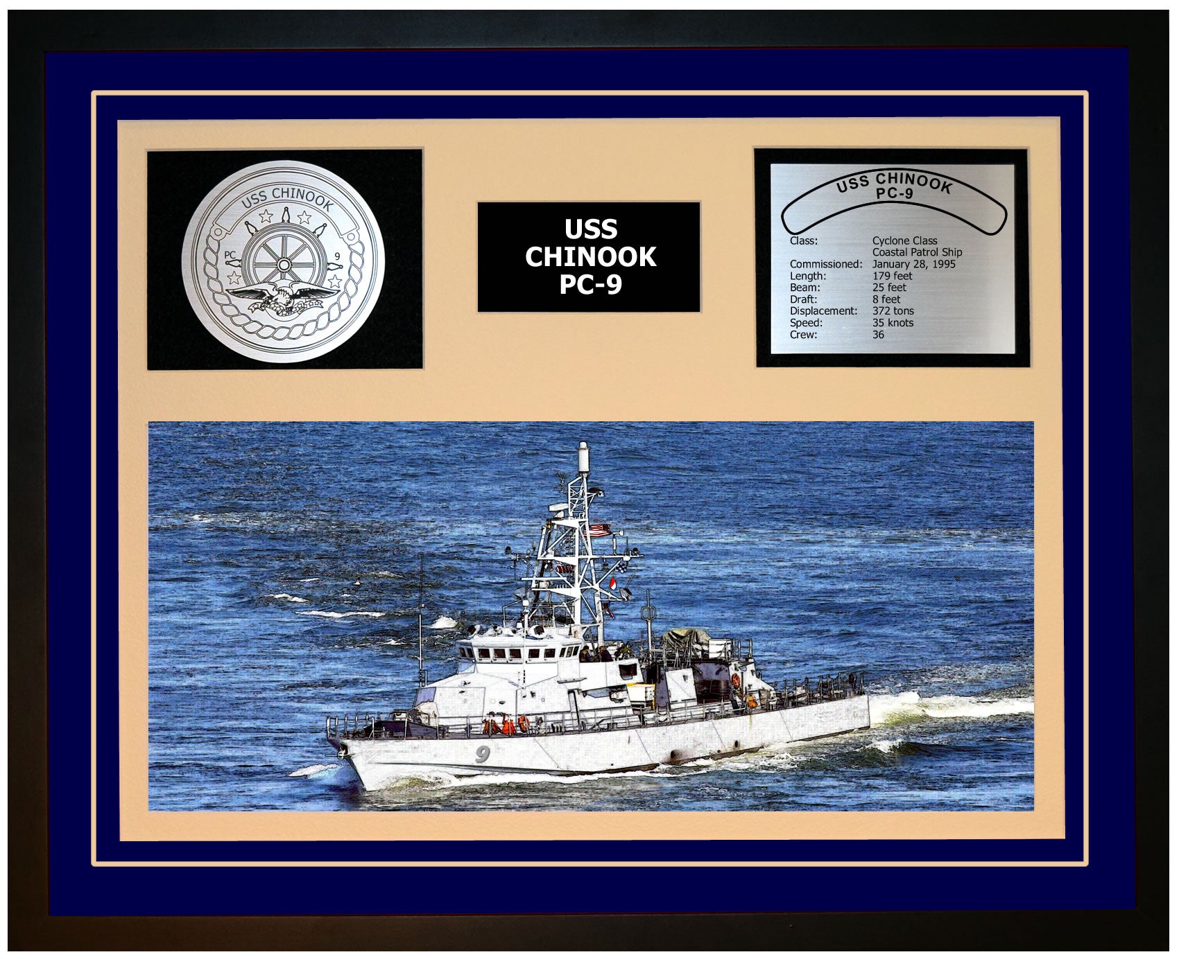 USS CHINOOK PC-9 Framed Navy Ship Display Blue