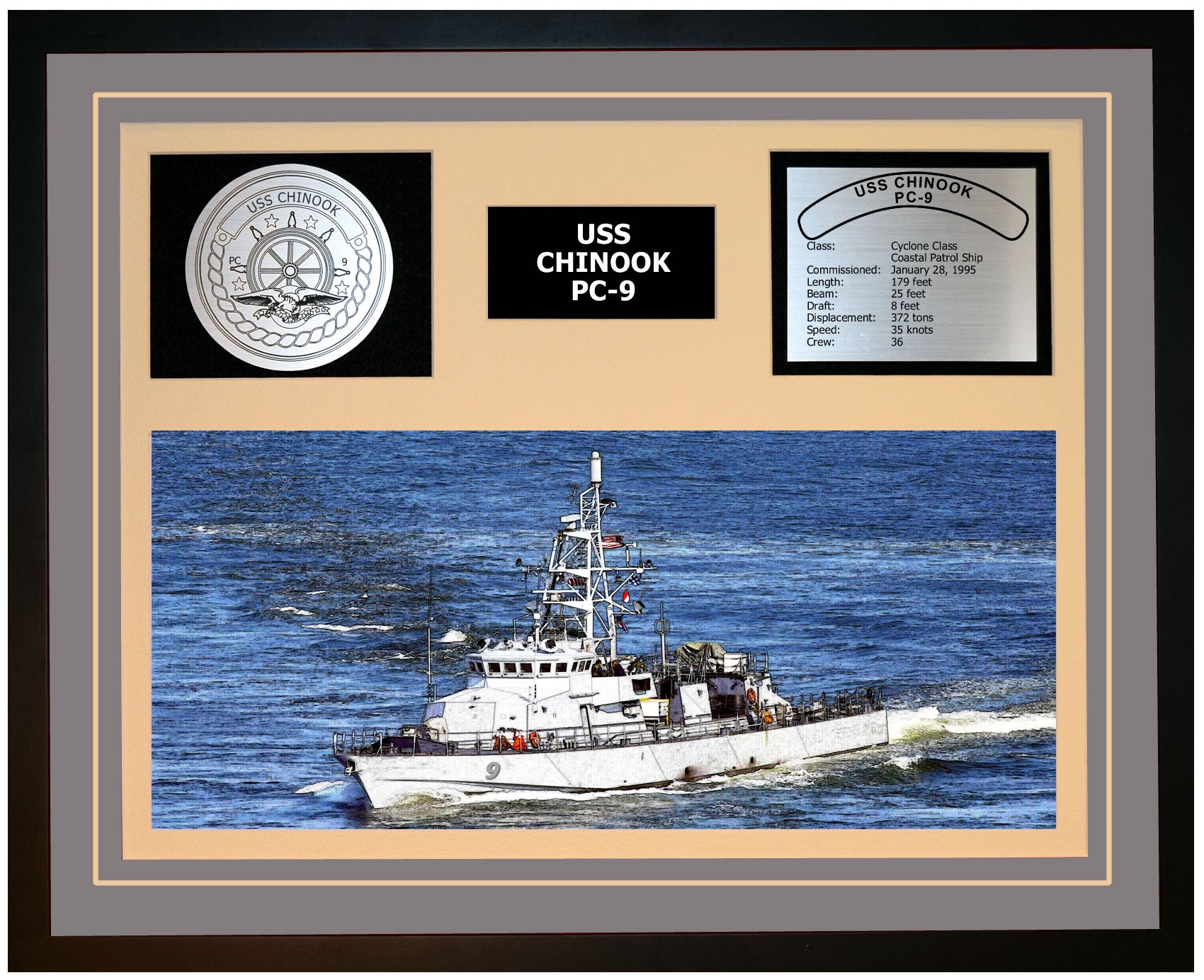 USS CHINOOK PC-9 Framed Navy Ship Display Grey