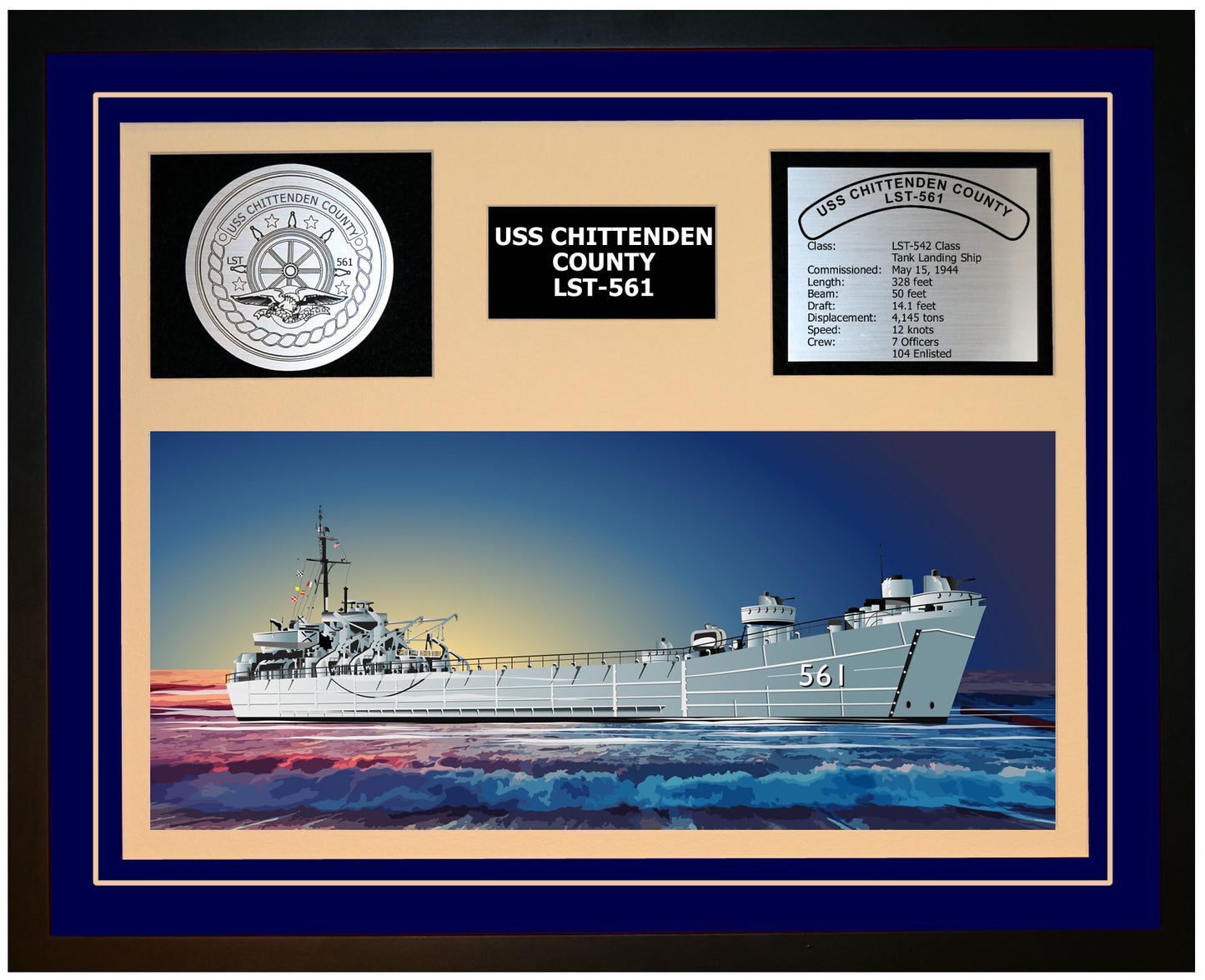USS CHITTENDEN COUNTY LST-561 Framed Navy Ship Display Blue