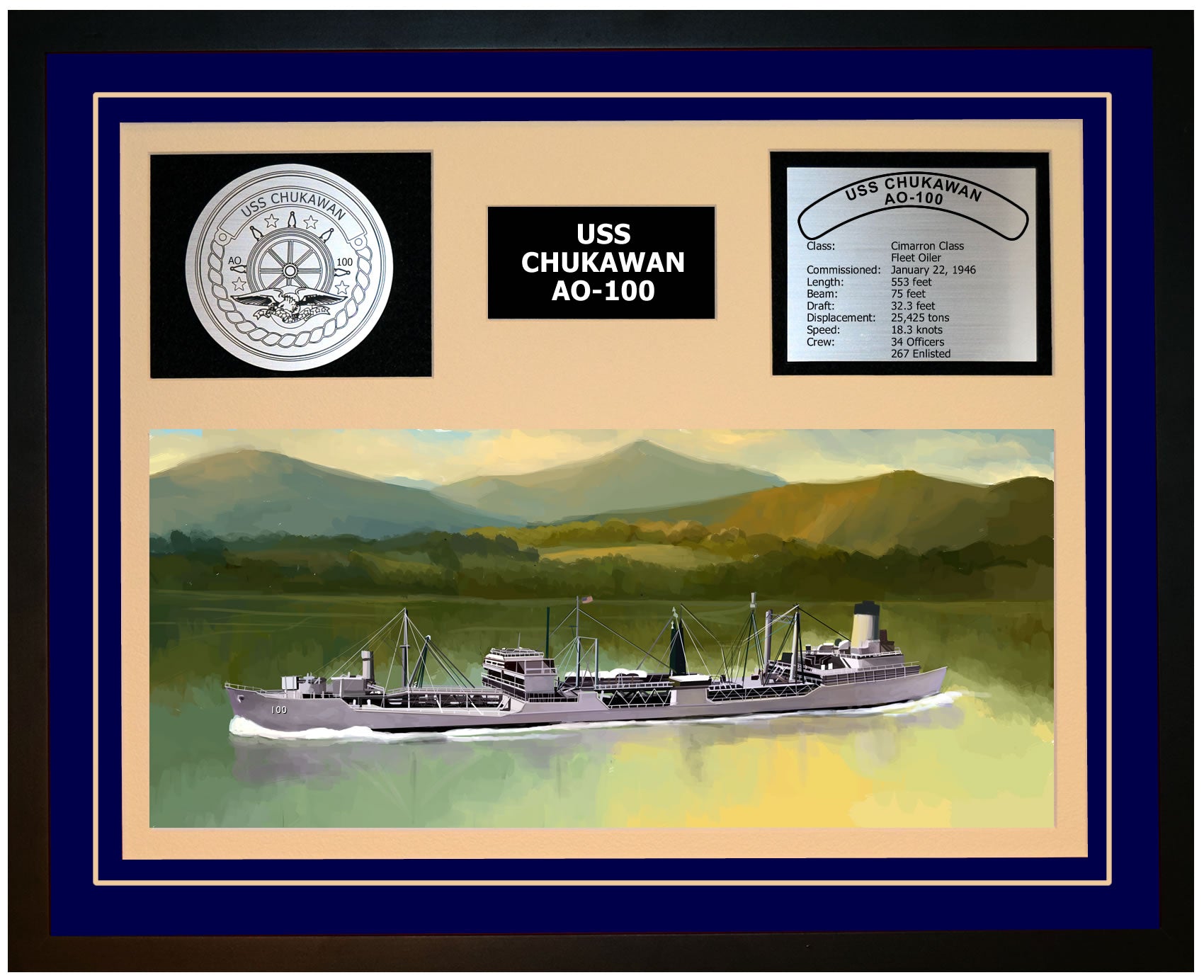 USS CHUKAWAN AO-100 Framed Navy Ship Display Blue