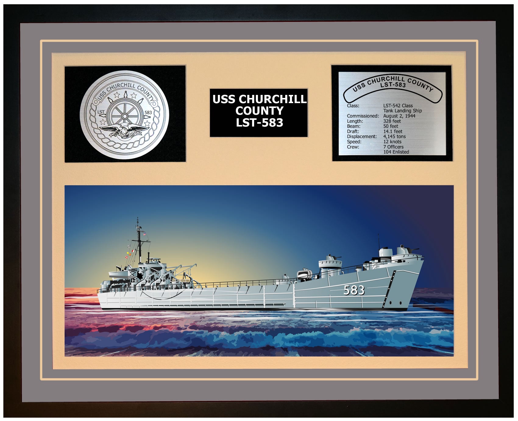USS CHURCHILL COUNTY LST-583 Framed Navy Ship Display Grey