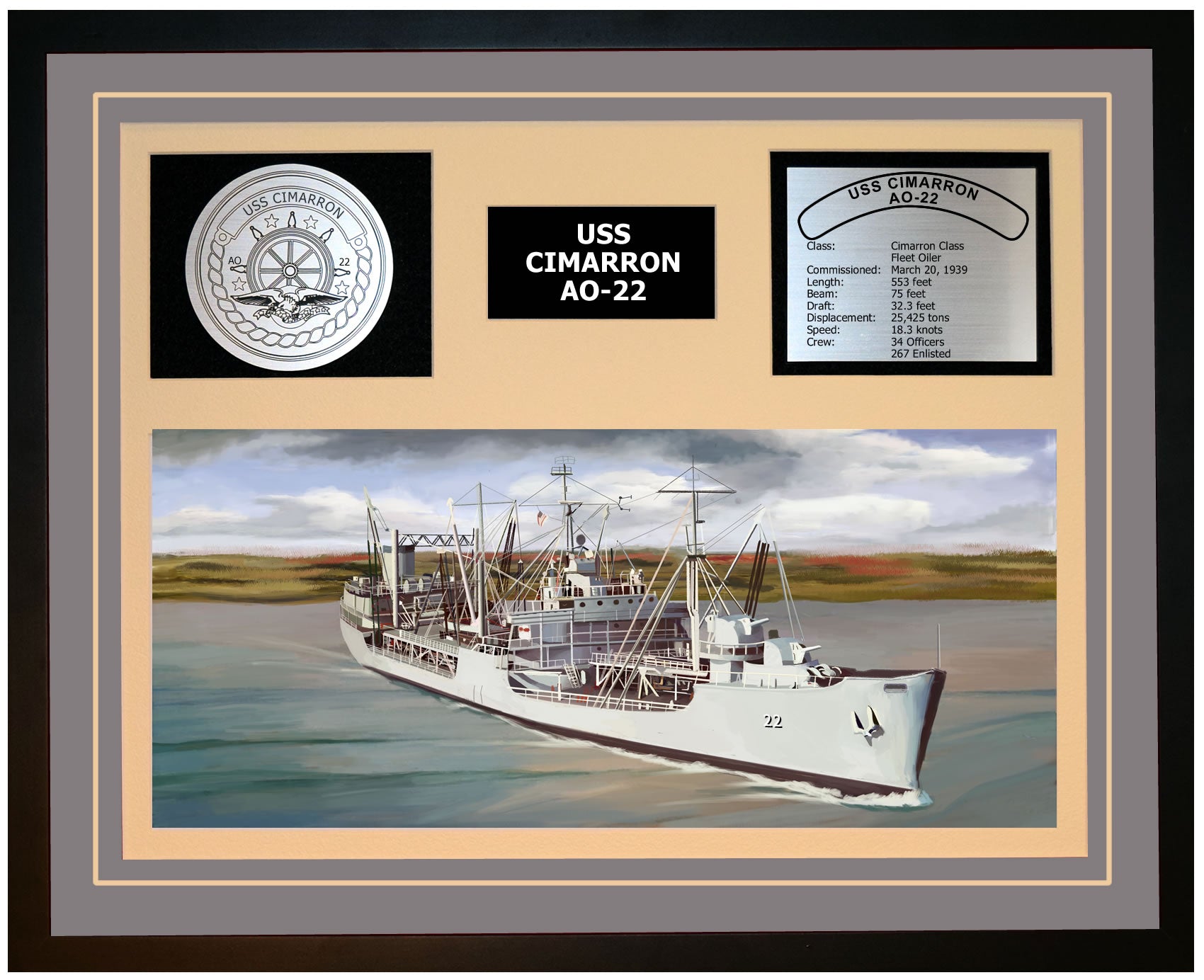 USS CIMARRON AO-22 Framed Navy Ship Display Grey