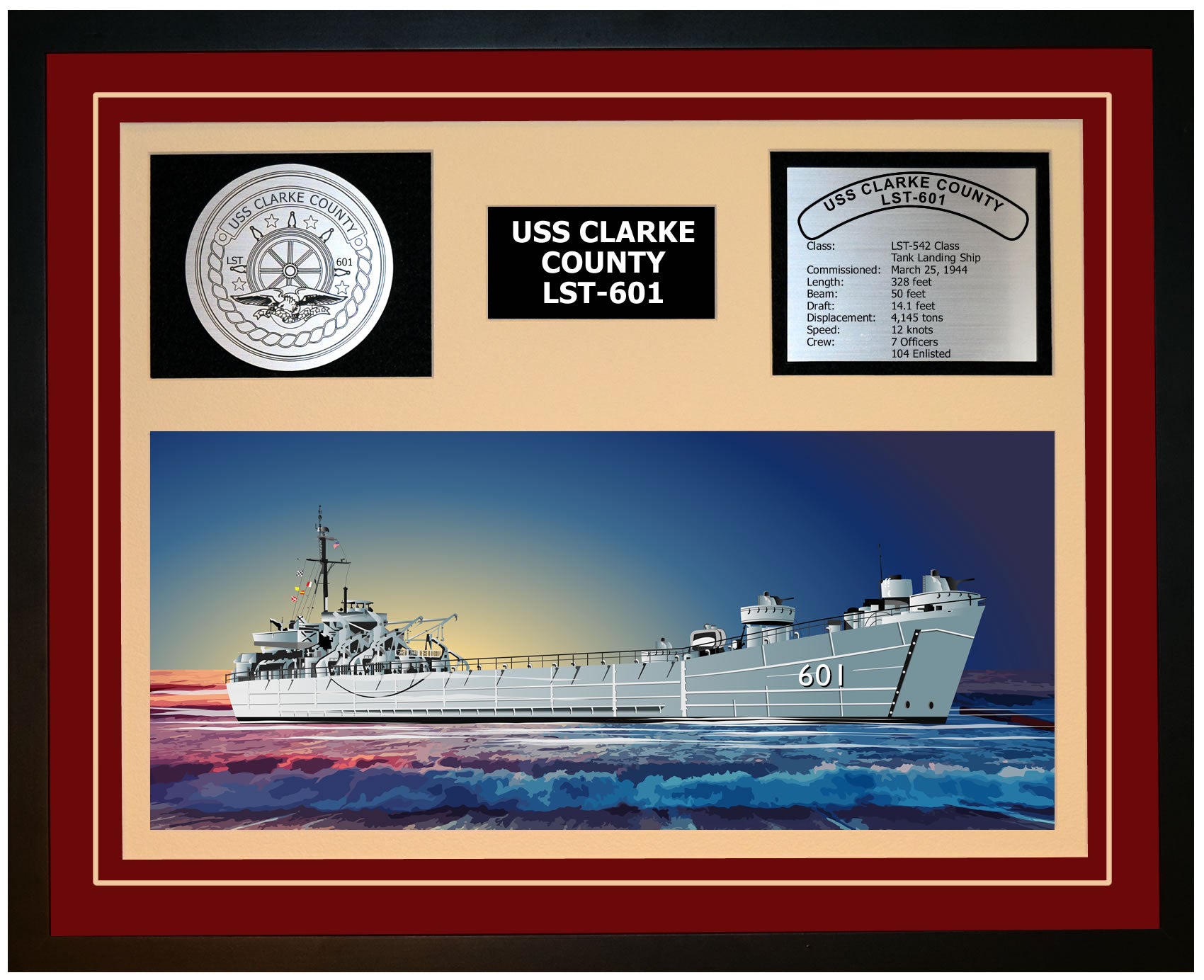 USS CLARKE COUNTY LST-601 Framed Navy Ship Display Burgundy