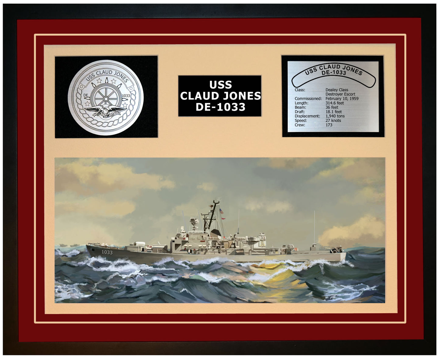USS CLAUD JONES DE-1033 Framed Navy Ship Display Burgundy