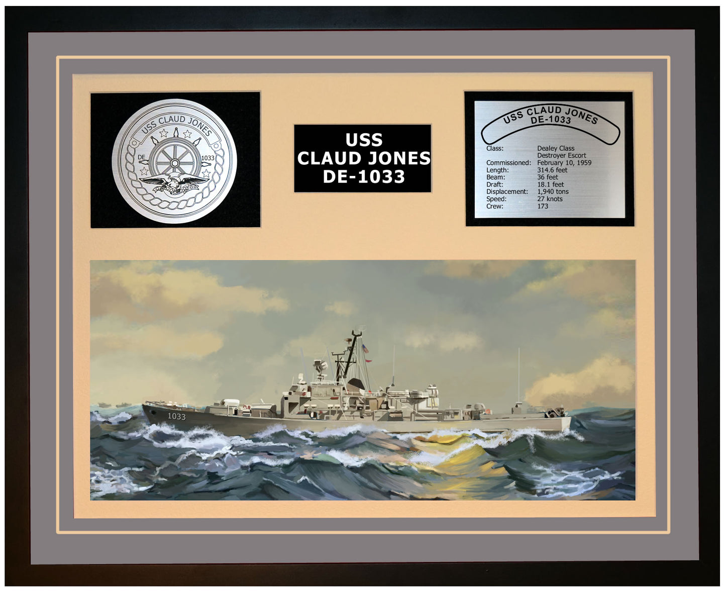 USS CLAUD JONES DE-1033 Framed Navy Ship Display Grey