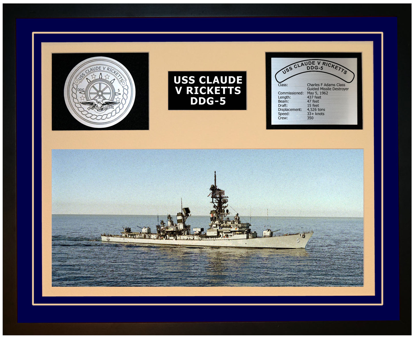 USS CLAUDE V RICKETTS DDG-5 Framed Navy Ship Display Blue