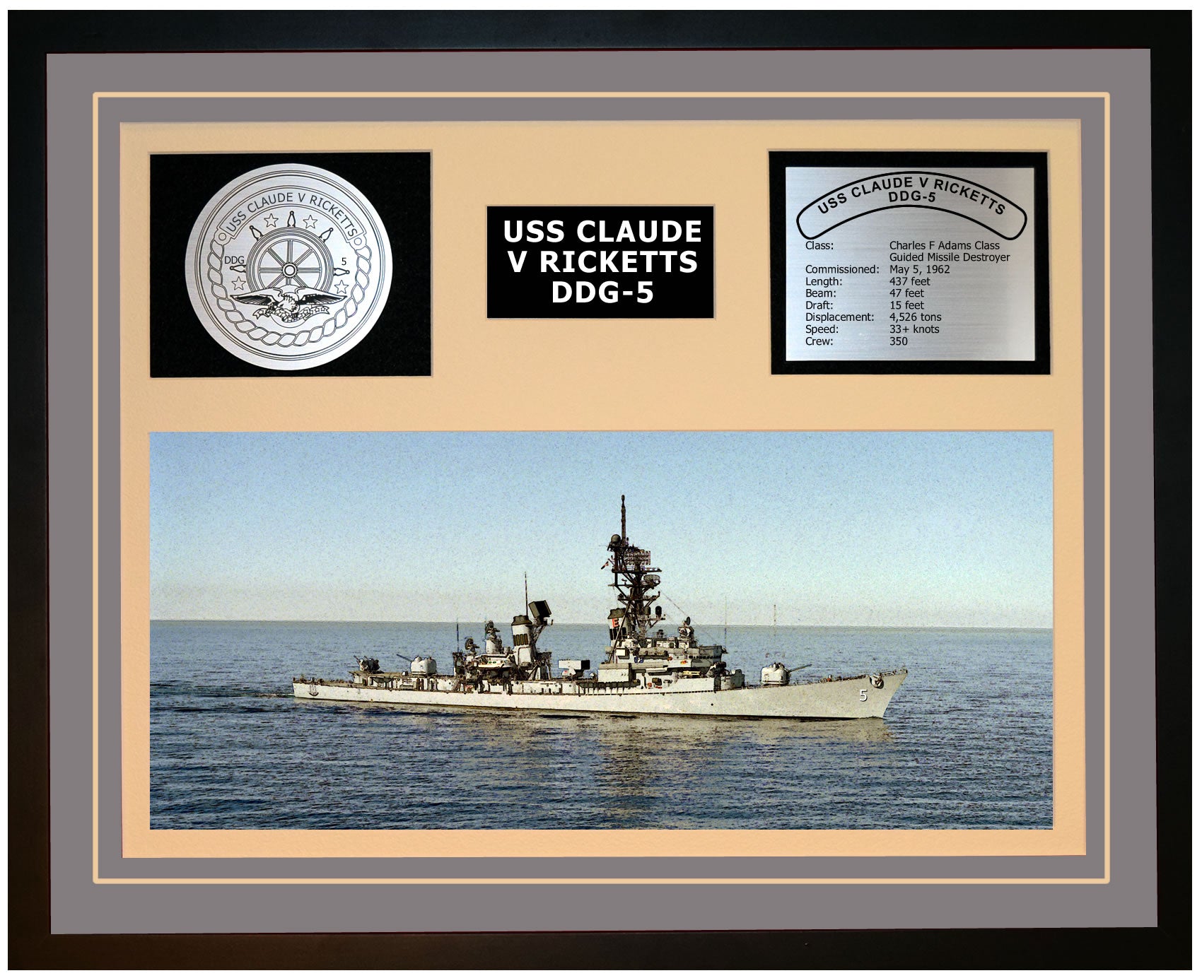 USS CLAUDE V RICKETTS DDG-5 Framed Navy Ship Display Grey