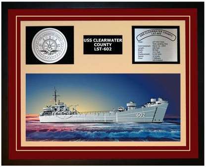 USS CLEARWATER COUNTY LST-602 Framed Navy Ship Display Burgundy