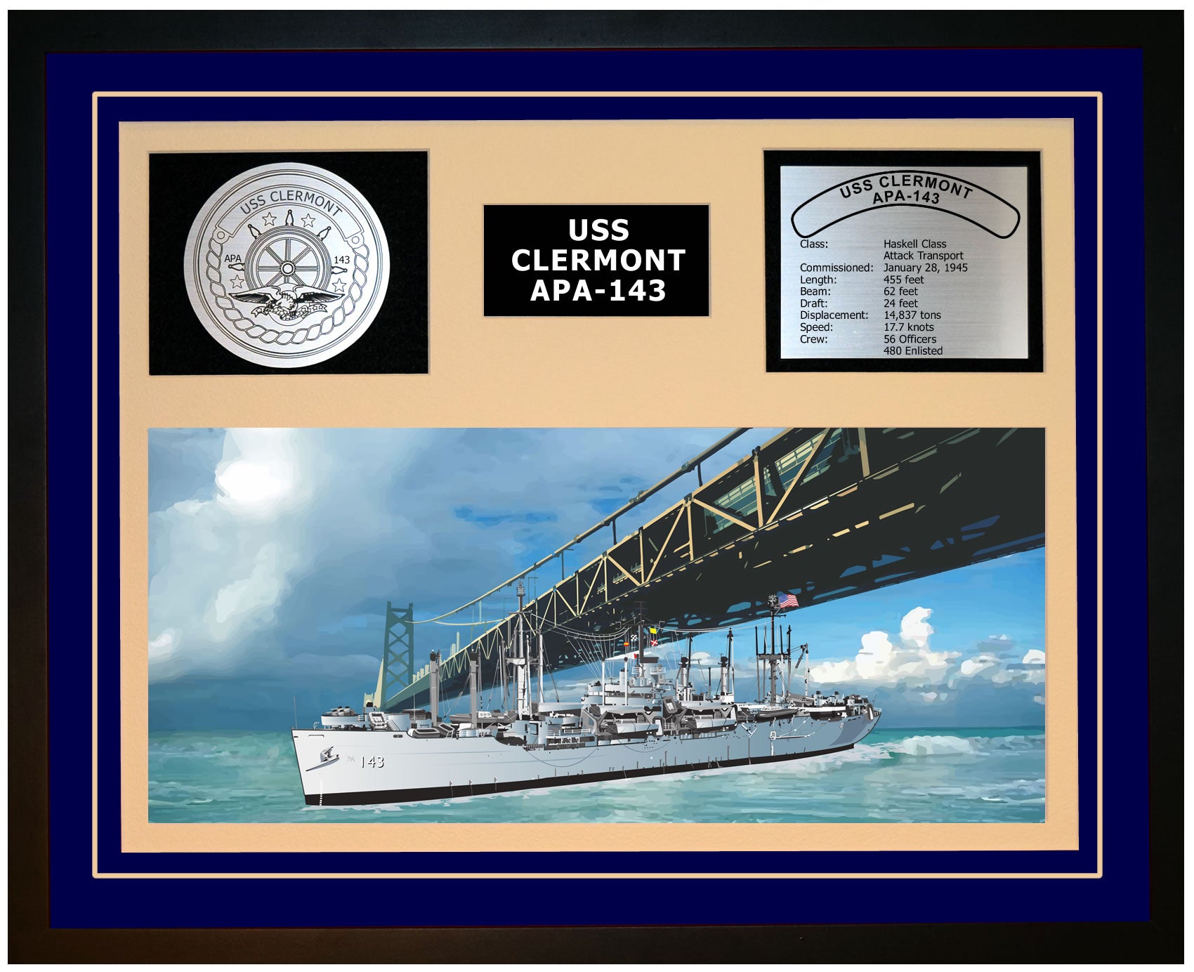 USS CLERMONT APA-143 Framed Navy Ship Display Blue