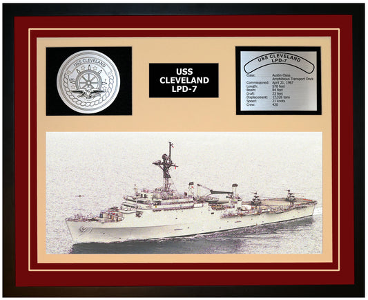 USS CLEVELAND LPD-7 Framed Navy Ship Display Burgundy