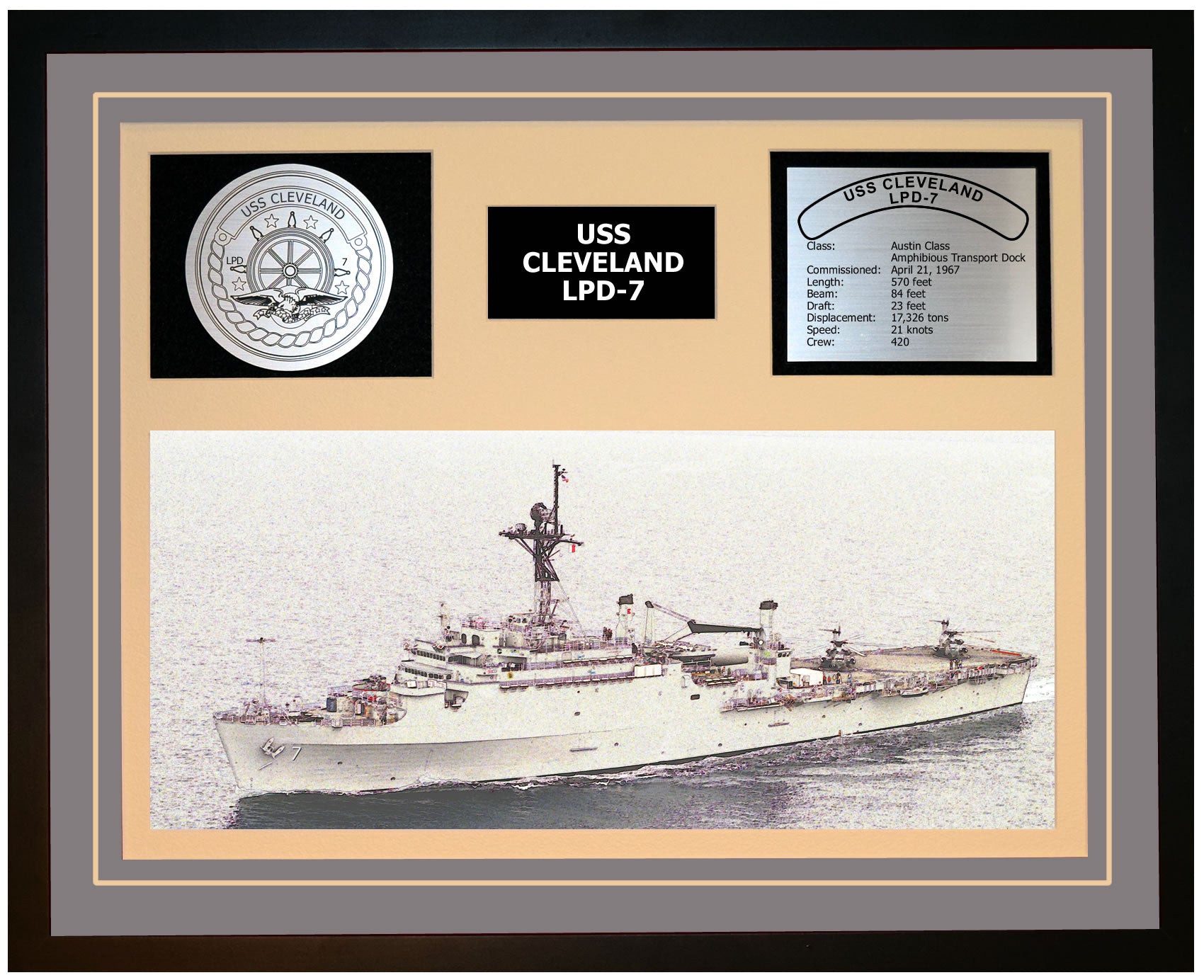 USS CLEVELAND LPD-7 Framed Navy Ship Display Grey