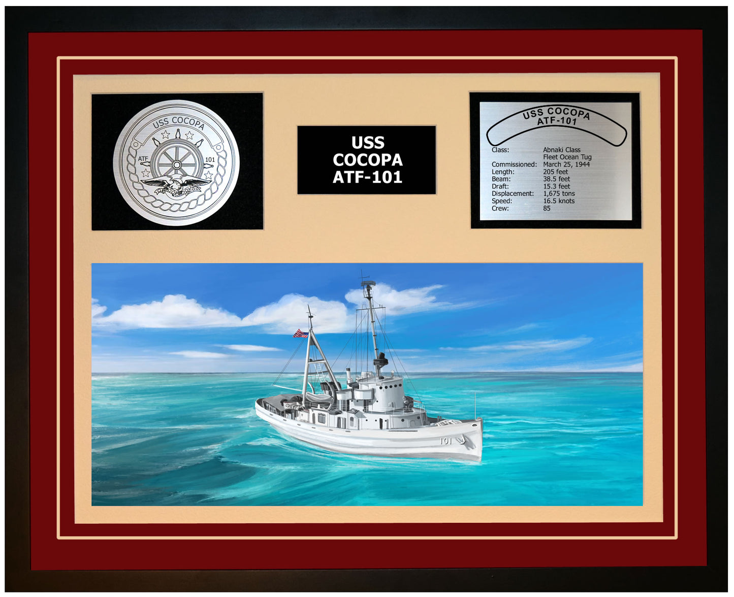 USS COCOPA ATF-101 Framed Navy Ship Display Burgundy