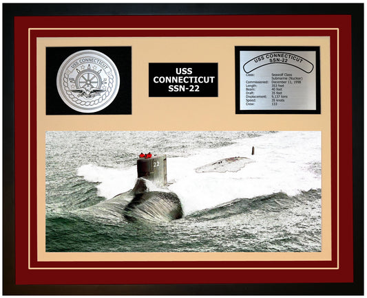 USS CONNECTICUT SSN-22 Framed Navy Ship Display Burgundy