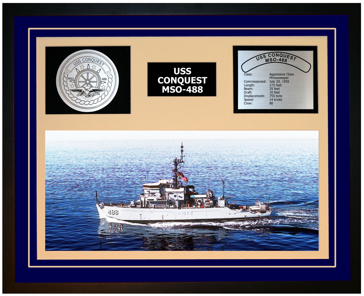 USS CONQUEST MSO-488 Framed Navy Ship Display Blue