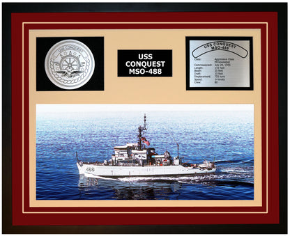 USS CONQUEST MSO-488 Framed Navy Ship Display Burgundy