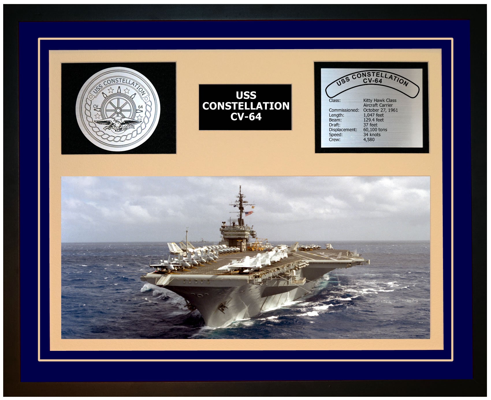 USS CONSTELLATION CV-64 Framed Navy Ship Display Blue